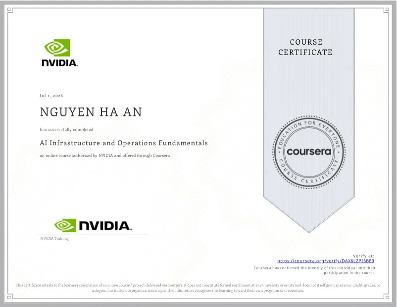 AI Infrastructure and Operations Fundamentals certificate from NVIDIA