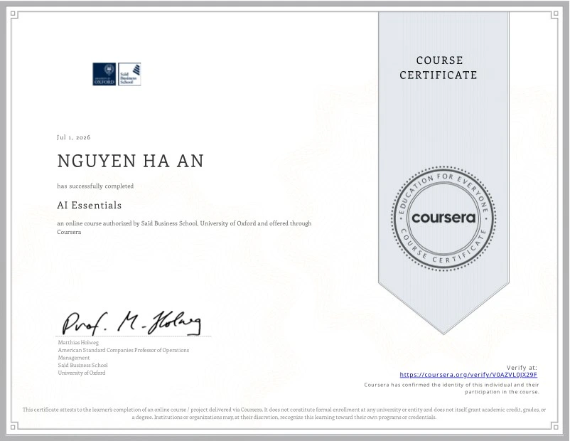 AI Essentials certificate from Saïd Business School, University of Oxford