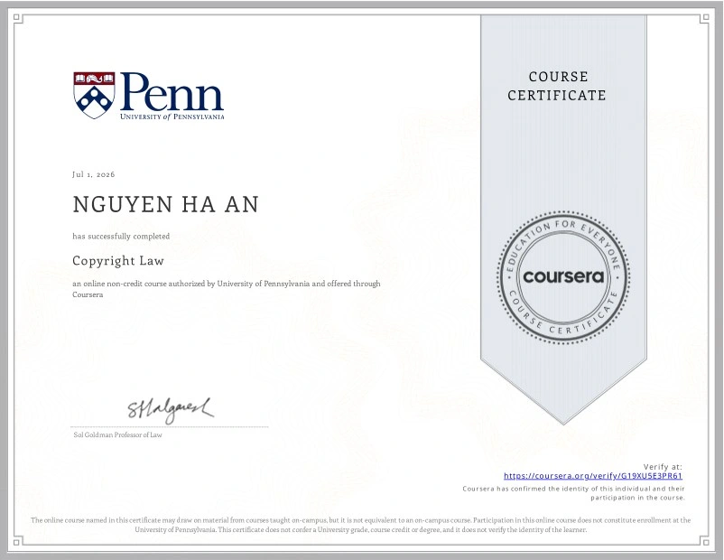 Copyright Law certificate from University of Pennsylvania