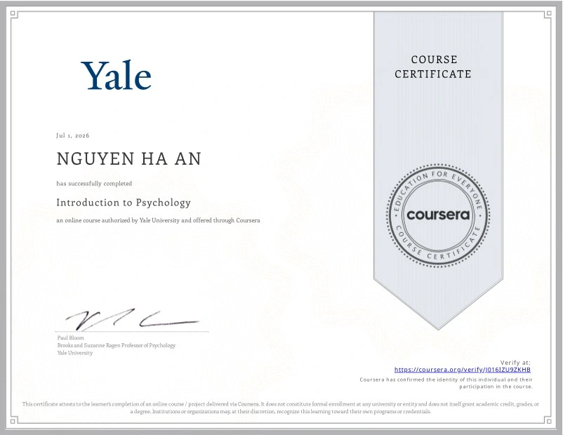 Introduction to Psychology certificate from Yale University